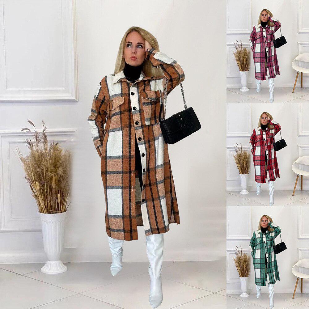 women plaid long sleeve button up blouse style wool and blends outcoat winter vintage woman jacket coat fashiontrench coats 4