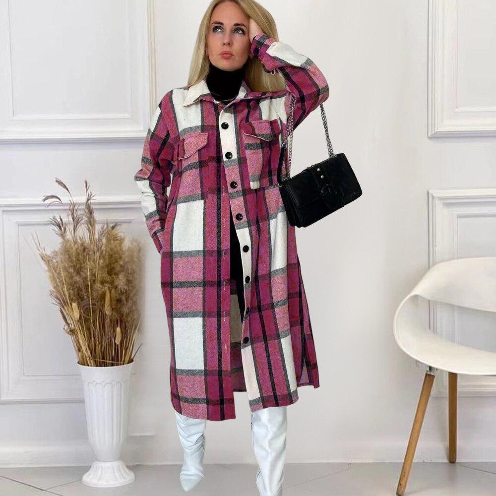 women plaid long sleeve button up blouse style wool and blends outcoat winter vintage woman jacket coat fashiontrench coats 5