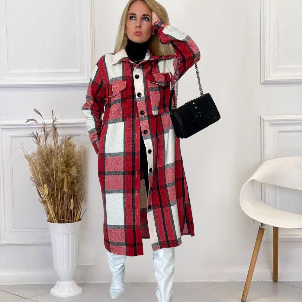women plaid long sleeve button up blouse style wool and blends outcoat winter vintage woman jacket coat fashiontrench coats 6
