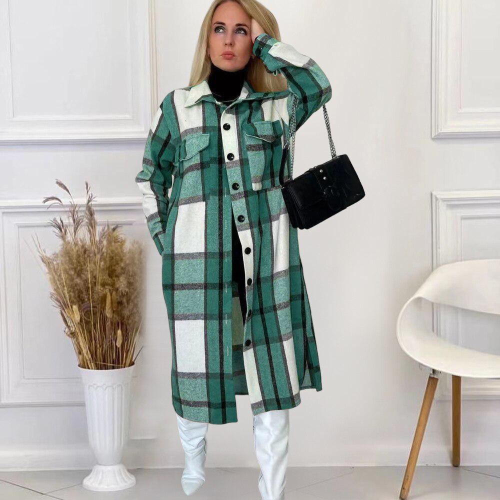 women plaid long sleeve button up blouse style wool and blends outcoat winter vintage woman jacket coat fashiontrench coats 7