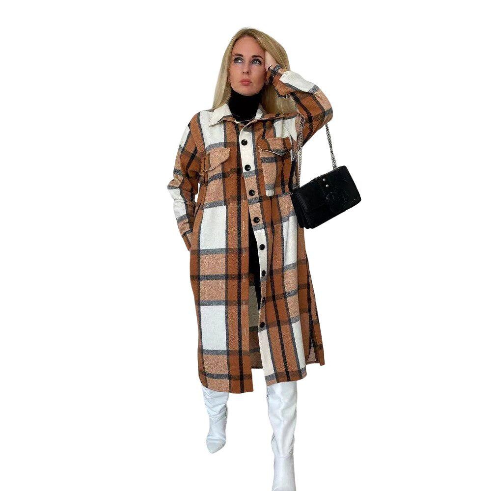 women plaid long sleeve button up blouse style wool and blends outcoat winter vintage woman jacket coat fashiontrench coats 8