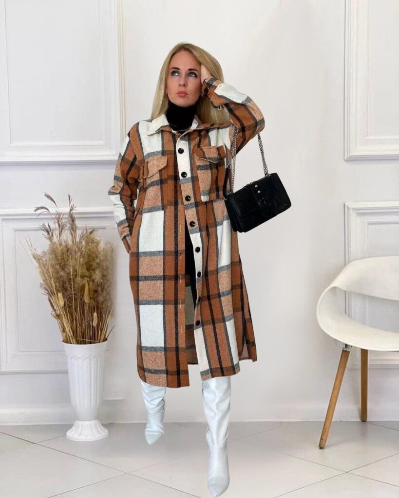 Women Plaid Long Sleeve Button Up Blouse Style Wool And Blends Outcoat Winter Vintage Woman Jacket Coat FashionTrench Coats 0|