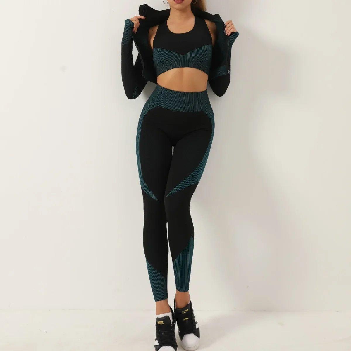 women’s 3 piece activewear set – high waist yoga pants, sports bra, and jacket for running, fitness, and yoga 2