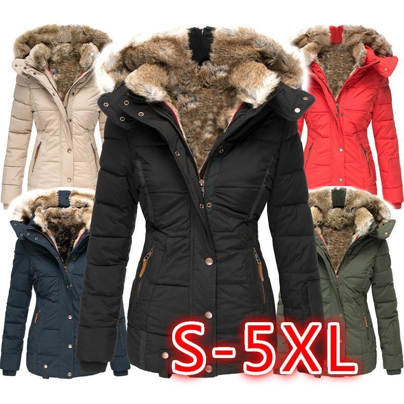 winter warm faux fur hooded coat women's zip up long sleeve slim fit padded jacket 3