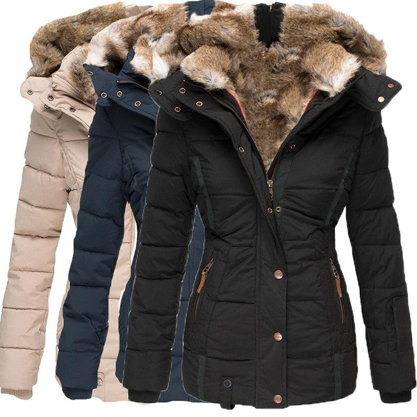 winter warm faux fur hooded coat women's zip up long sleeve slim fit padded jacket 11