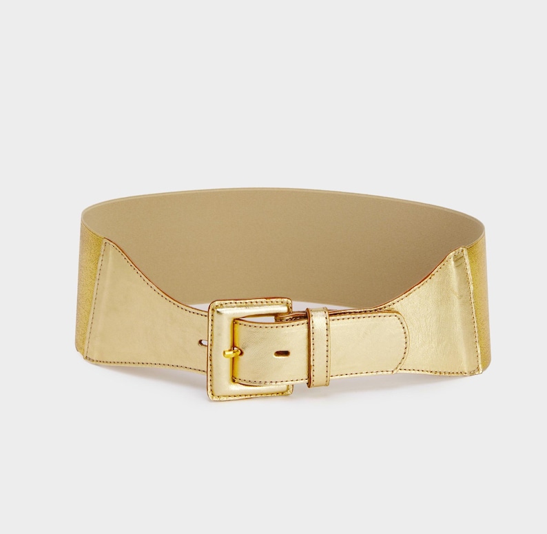 cinturón elástico dorado, cinturón de cuero metalizado para mujer, cinturón ancho dorado hecho a mano con hebilla, regalo de moda para mamá. 2