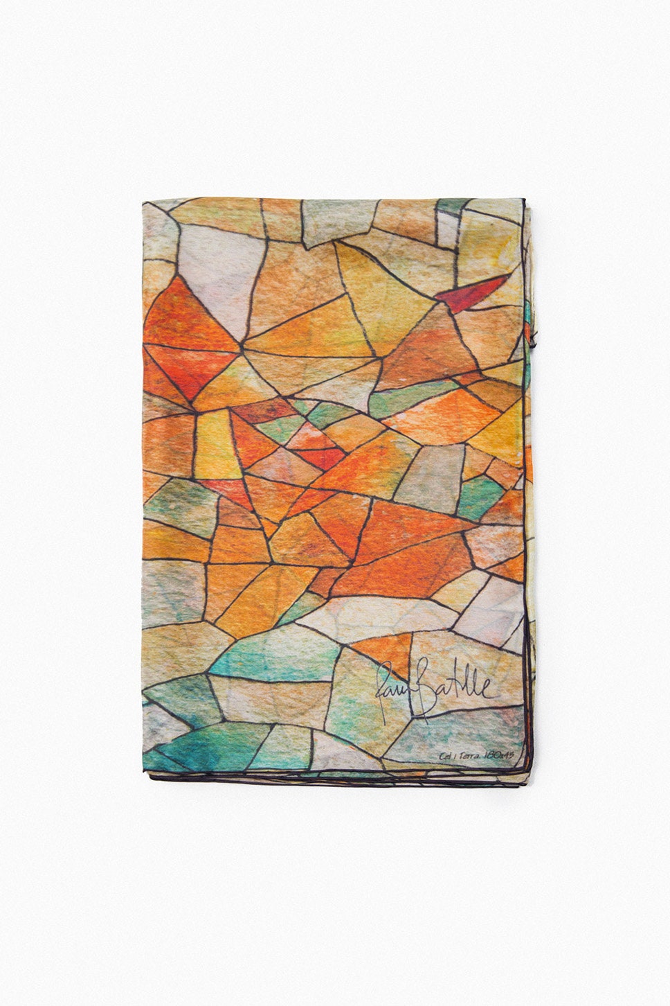 foulard de seda largo estampado en mosaico de colores cálidos. inspirado en modernismo de gaudí de barcelona 4