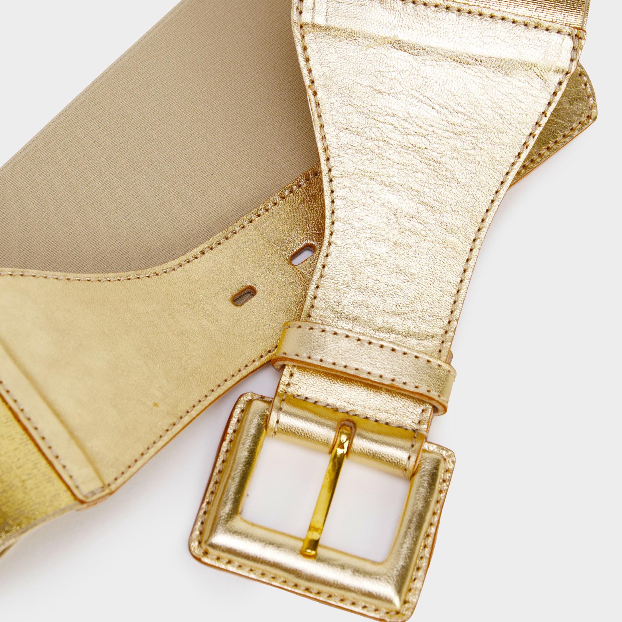 cinturón elástico dorado, cinturón de cuero metalizado para mujer, cinturón ancho dorado hecho a mano con hebilla, regalo de moda para mamá. 8