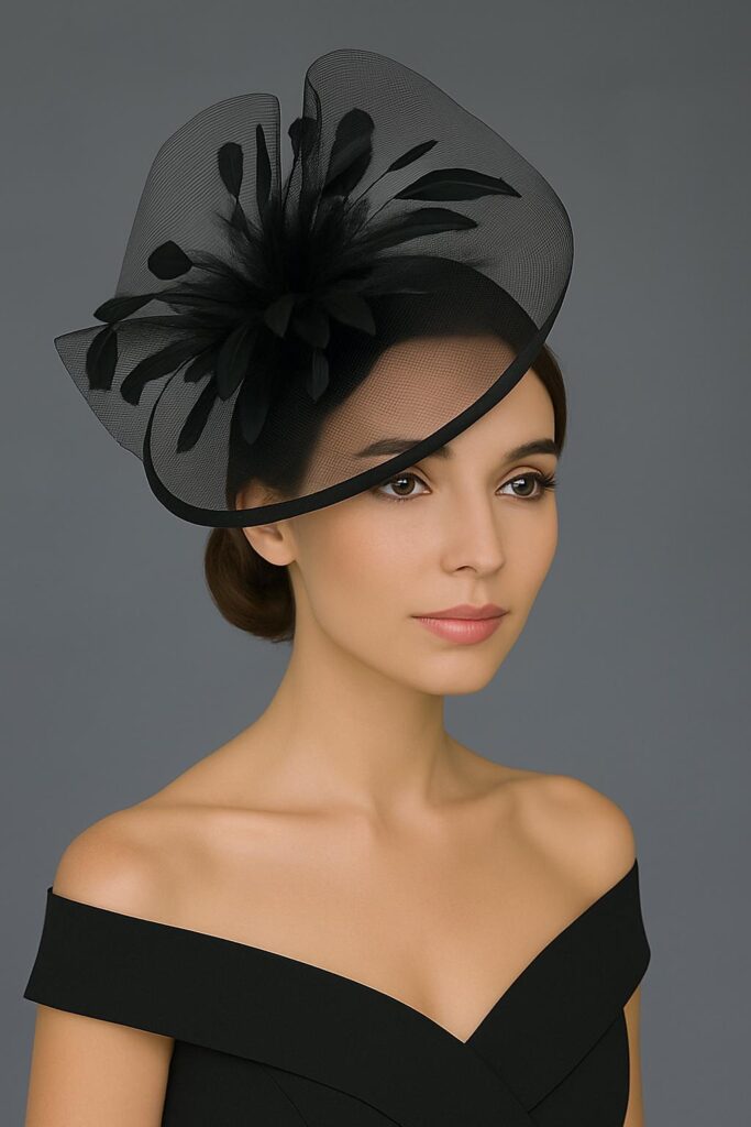 Elegante sombrero Derby negro, perfecto para eventos o fiestas de té. Sombrero Derby Kentucky para mujer, sombrero elegante con plumas, tocado funerario negro. 0|