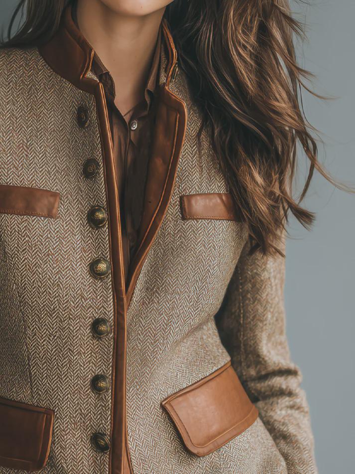 chaqueta de tweed retro vintage para mujer chaqueta estilo militar con bolsillos y ribete de cuero ecológico abrigo retro de moda sostenible cosplayaura 3