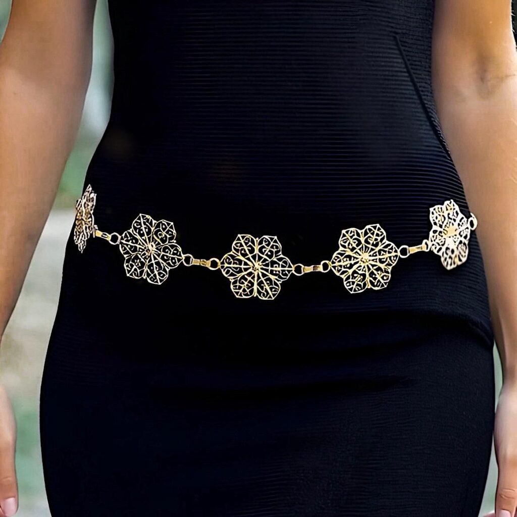 Cinturón bohemio dorado, cinturón ajustable, cadena llamativa para vestidos. 0|