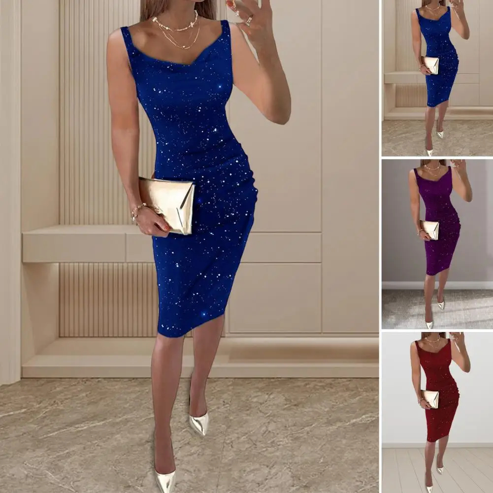 vestido midi elegante con diamantes de imitación para mujer, vestido de fiesta con cuello en v, vestido ajustado hasta la rodilla, vestido de vaina sin espalda con tirantes para club 6