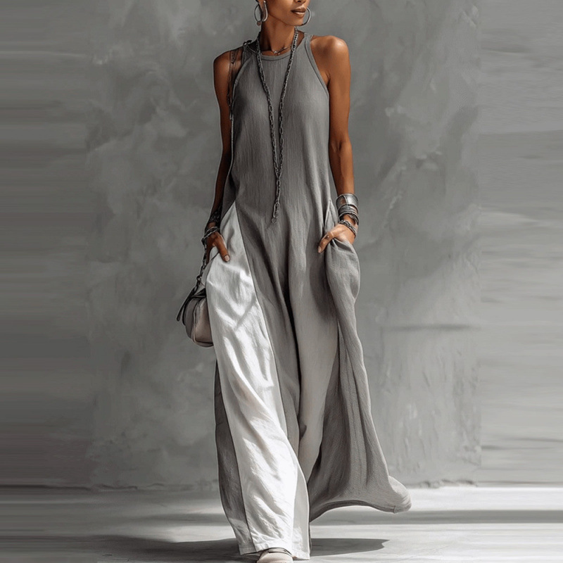 Vestido casual sin mangas de corte holgado con bloques de color y hombros descubiertos para mujer, con bolsillos. 2d2811c8 36ec 4482 8fe5 eb3852a9c2bb.jpg