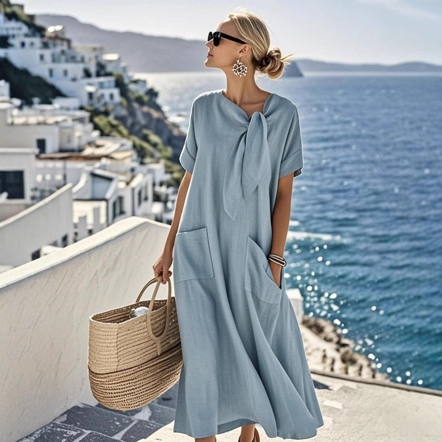 Elegante vestido largo holgado de manga corta con lazo, bolsillo y bajo ancho. 858a948a 0e40 49bc 93d5 e921cd1dadfa.jpg