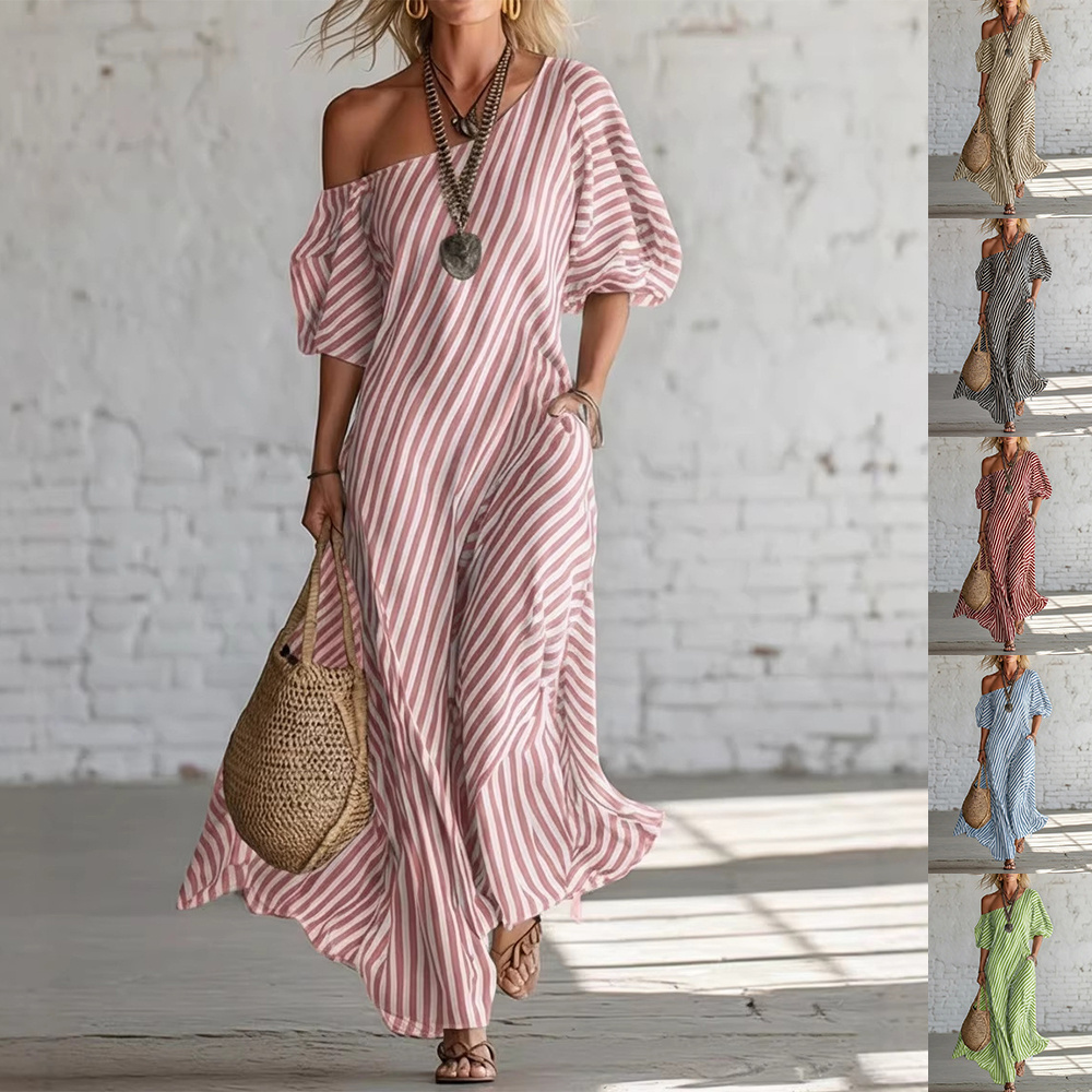 Vestido de verano con estampado de rayas y hombros descubiertos, vestido largo de manga corta ba8a3503 e3a1 4ef7 8490 609d8168f21d.jpg