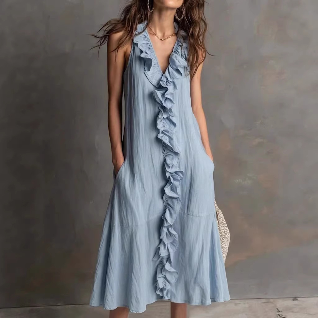 Vestido largo sin mangas de algodón y lino de color liso con escote en V y volantes f4aa72b5 4aa6 4aa9 afdb 4583168d77c8.jpg